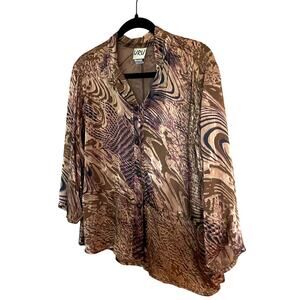 URU Burnout 100% Silk Sheer Burnout Blouse Brown Top Artsy Boho USA-Large